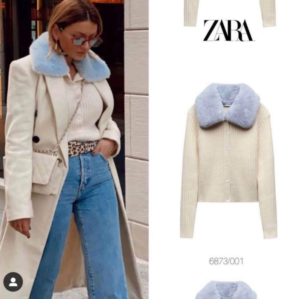 Zara * faux fur knit cardigan Cream Blue - Picture 1 of 15